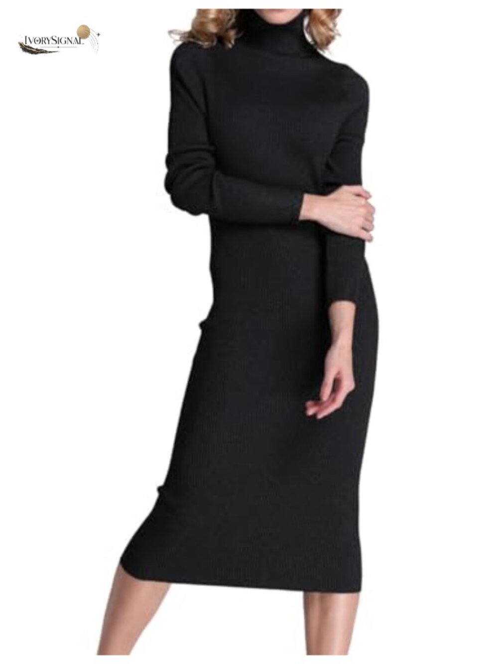 Turtleneck Ribbed Knit Long Sleeve Midi Sweater Dress Slim Fit
